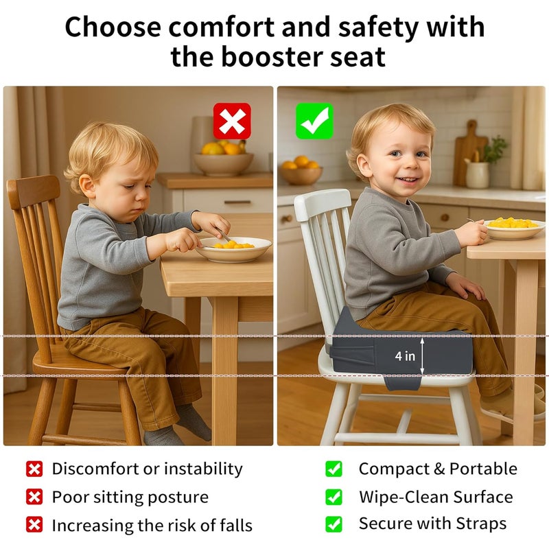 AAAini Toddler Booster Seat for Dining Table – PU Washable Cushion with Double Safe Straps, Non-Slip Bottom, Portable Travel Booster Seat for Toddlers (Rock Grey - Image 4